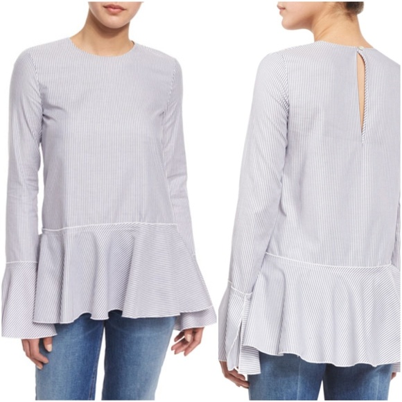 Theory | Striped Bell-Sleeve Peplum Top - Picture 1 of 6